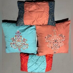 Elegant Embroidered Coral and Teal Pillows